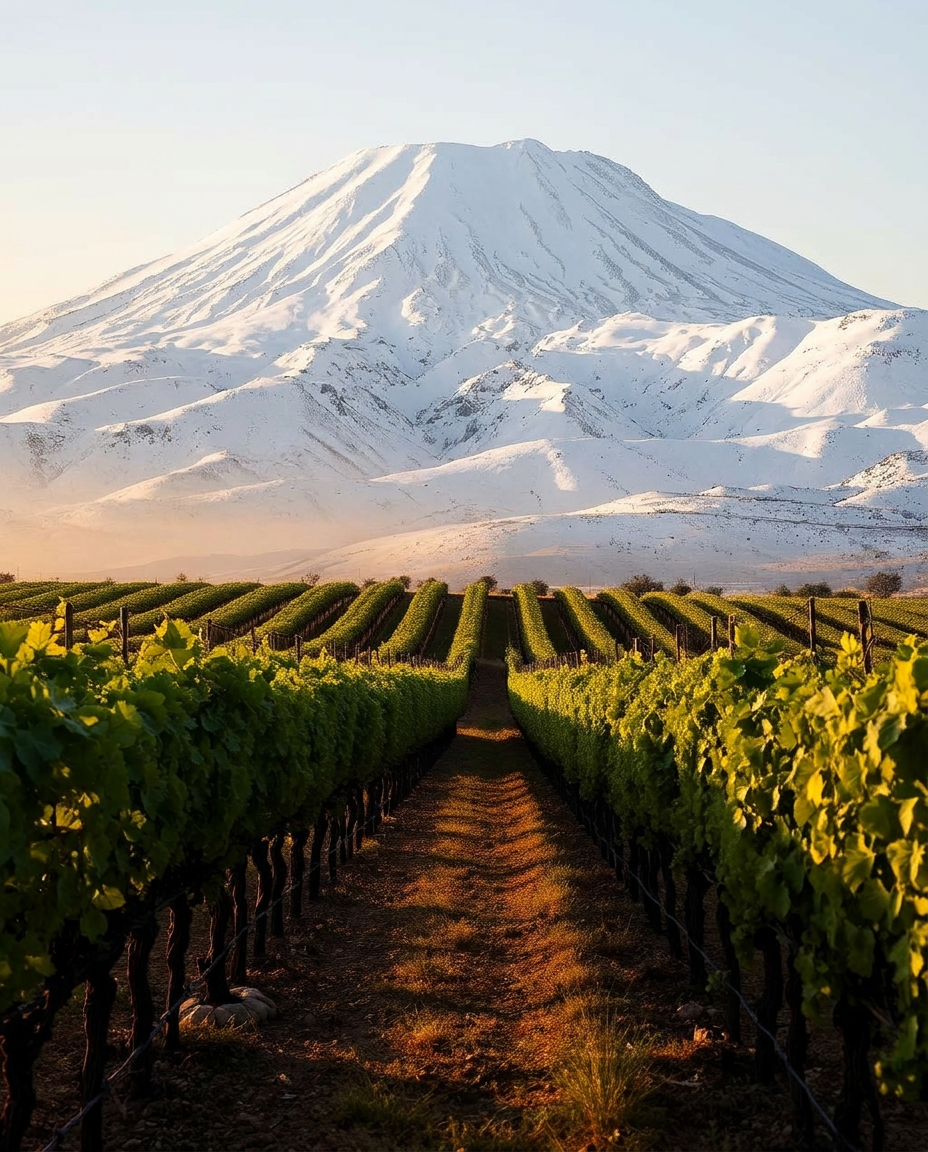 Vineyards with snow-capped Mount Hermon in the background